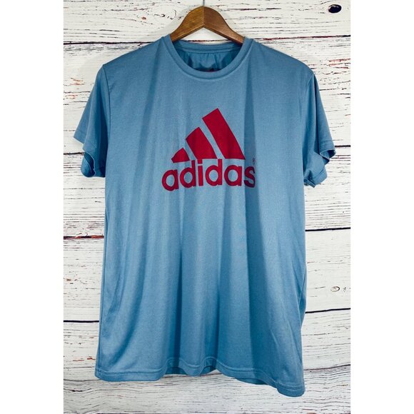 Adidas Mens Light Blue T-Shirt With Red Logo Design Short Sleeves Lightweight & - Picture 3 of 10